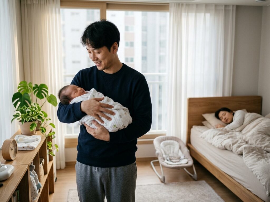 집 창가에서 갓 태어난 아기를 안고 있는 아빠