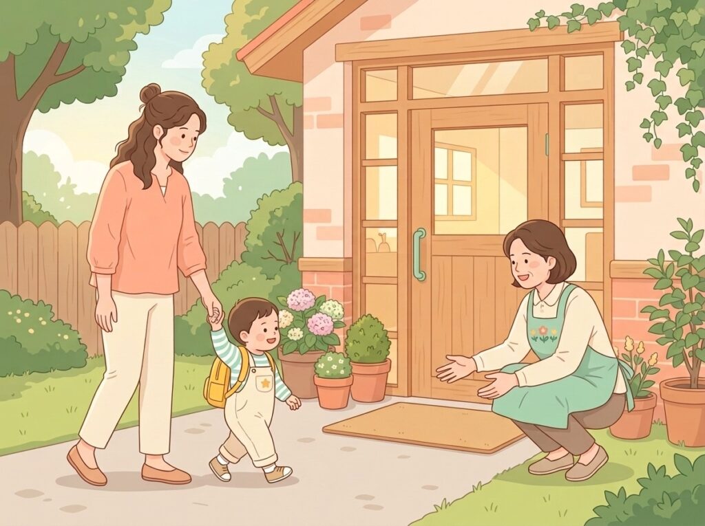 엄마 손을 잡고 어린이집에 가는 아이와 문 앞에서 맞이하는 선생님
