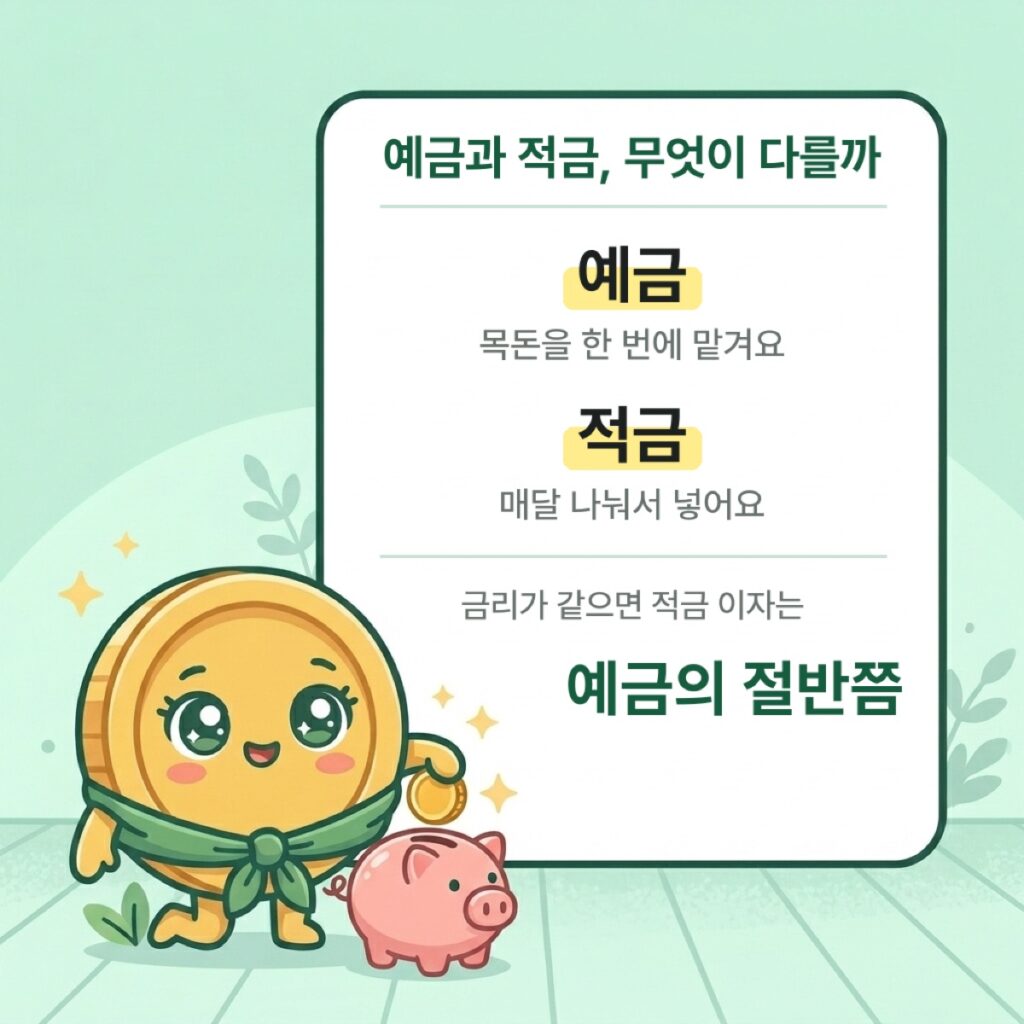 예금은 목돈을 한 번에 맡기고 적금은 매달 나눠 넣는다. 금리가 같으면 적금 이자는 예금의 절반쯤