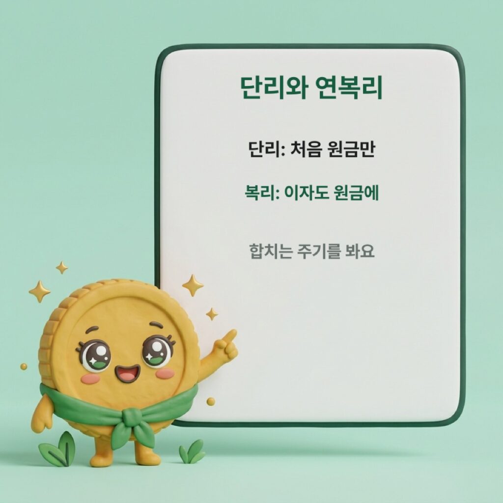 단리는 처음 원금, 복리는 이자를 합친 원금으로 계산하는 차이