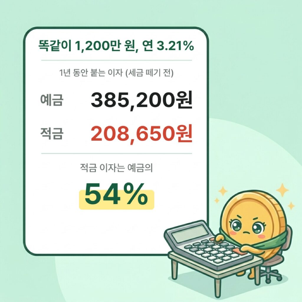똑같이 1,200만 원, 연 3.21%일 때 세금 떼기 전 이자는 예금 385,200원, 적금 208,650원