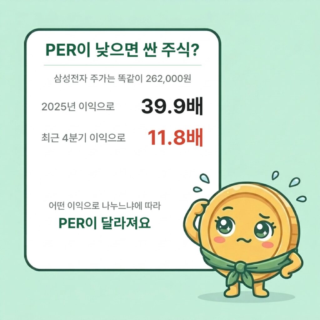 삼성전자 주가 262,000원을 2025년 이익으로 나누면 PER 39.9배, 최근 4분기 이익으로 나누면 11.8배