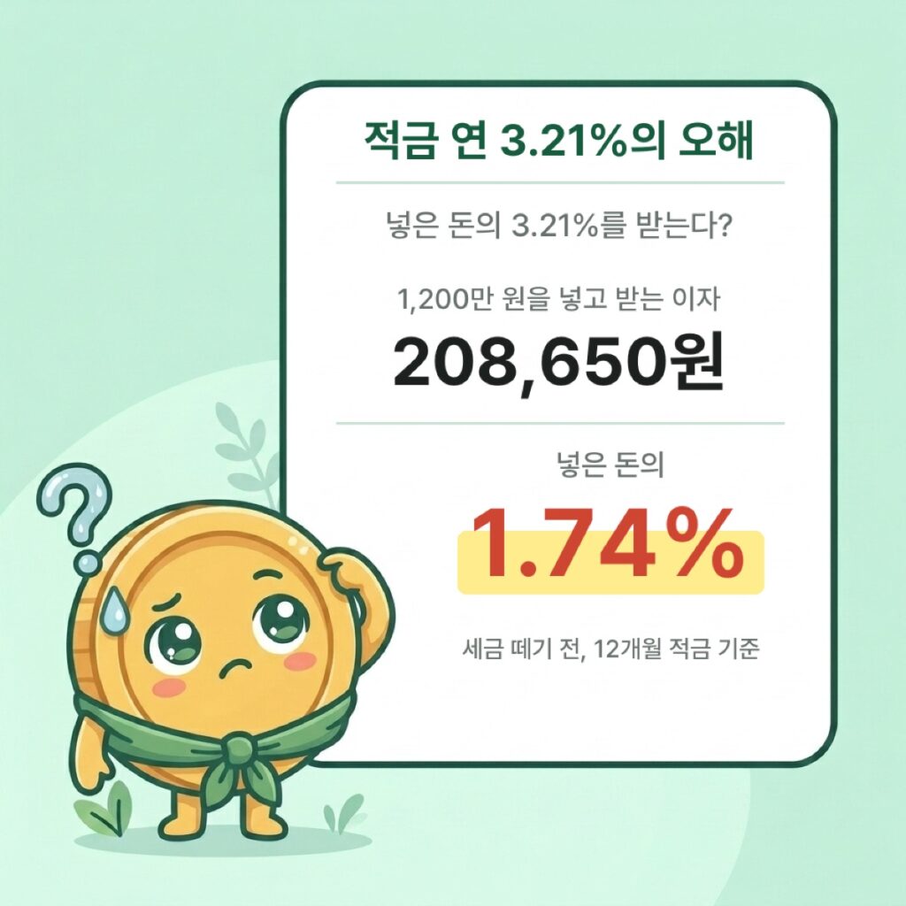적금 연 3.21%는 넣은 돈의 3.21%가 아니다. 1,200만 원을 넣었을 때 이자는 넣은 돈의 1.74%