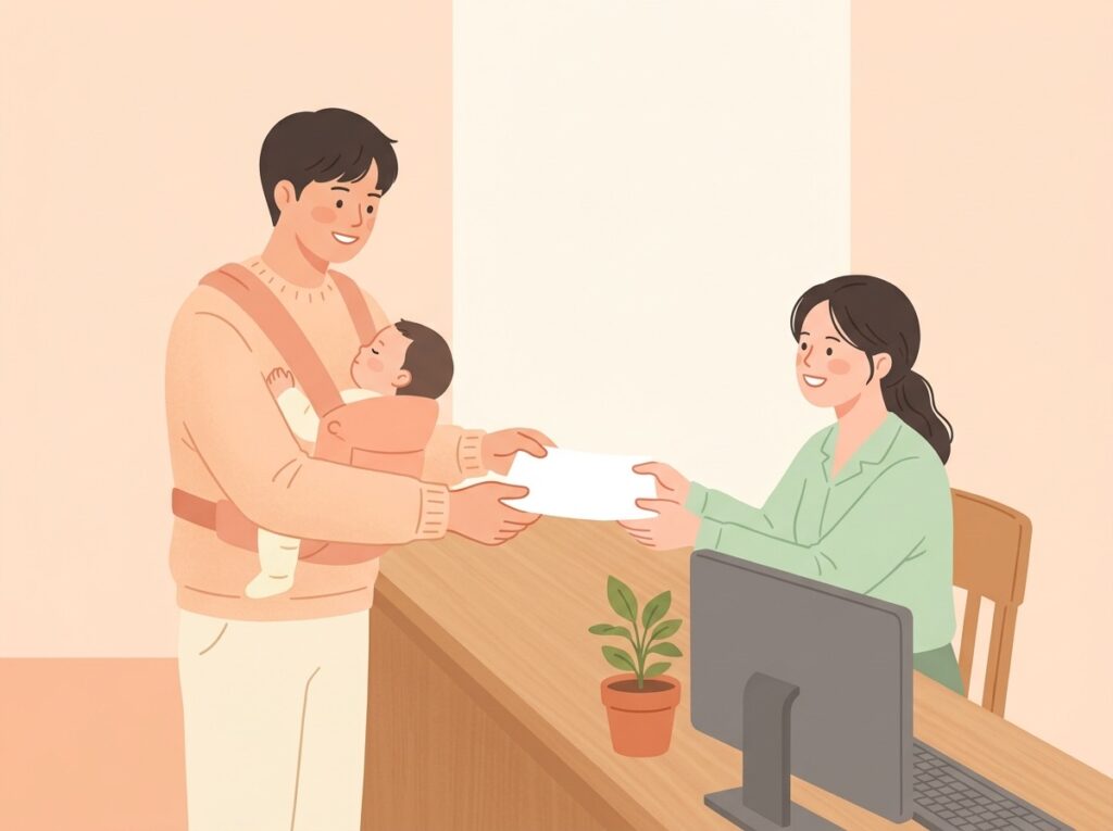아기띠로 아기를 안은 아빠가 주민센터 창구에서 신청서를 내는 모습