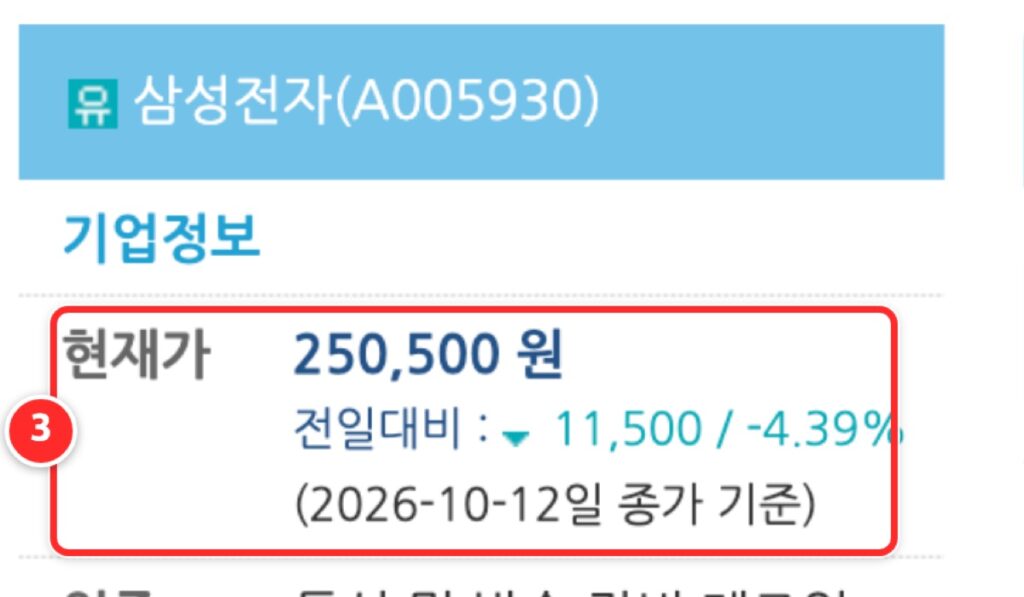 삼성전자 종가 250500원과 2026년 10월12일 기준 표시