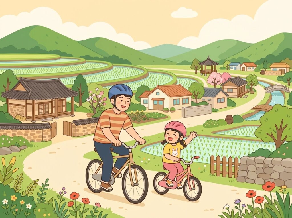 논과 낮은 집이 있는 시골 마을 길에서 자전거를 타는 아빠와 딸